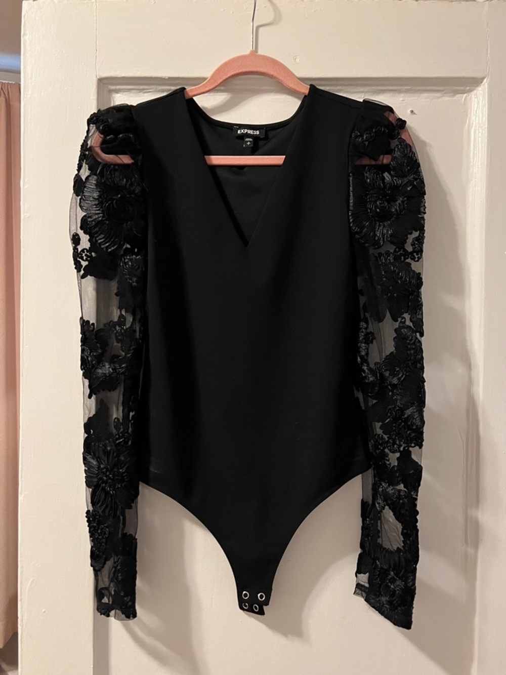Express Black V-Neck Bodysuit with Floral Appliqué Mesh Sleeves